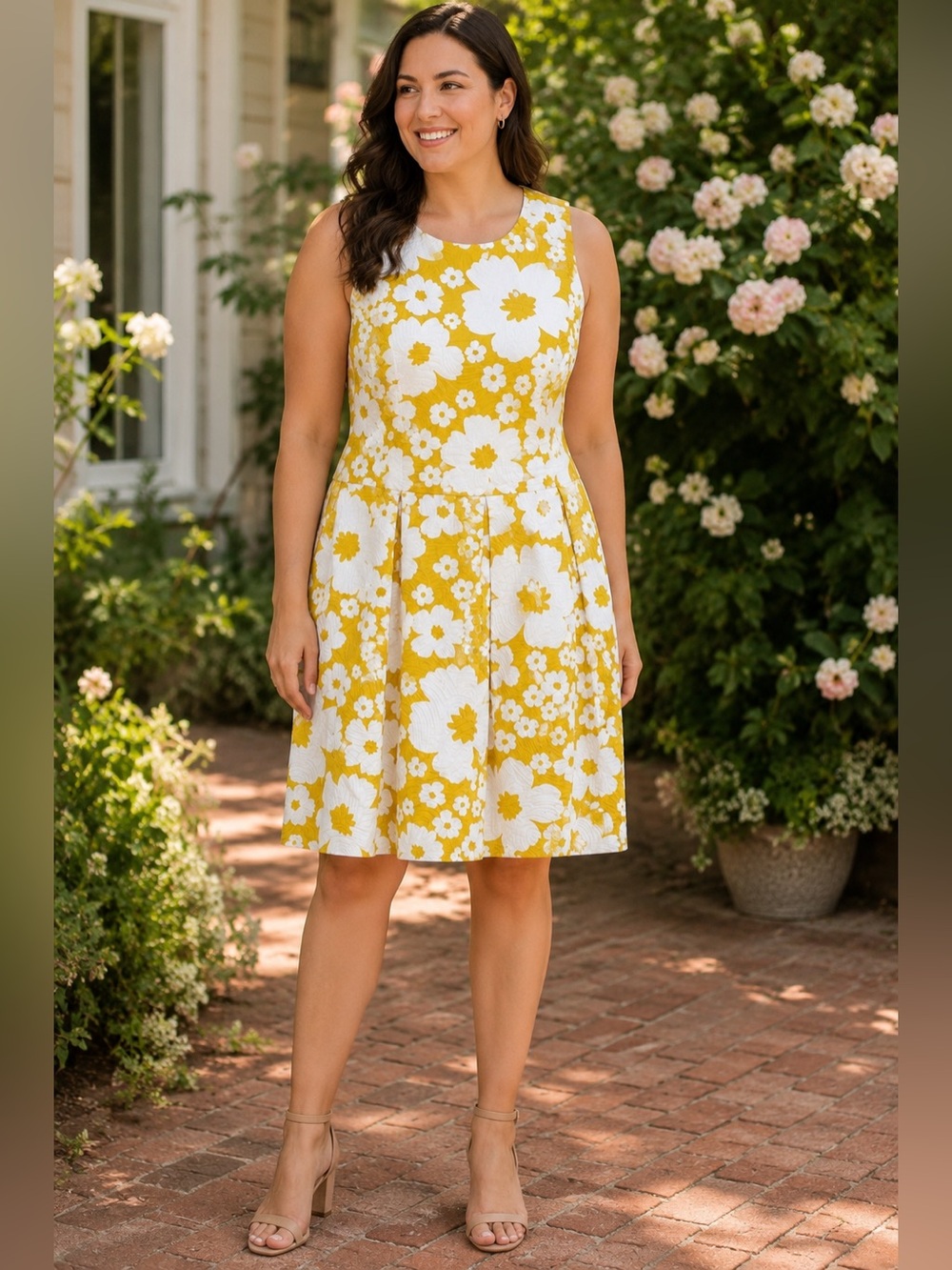 Carmen Marc Valvo‎ Yellow White Floral Cotton Fit & Flare Dress Size 16